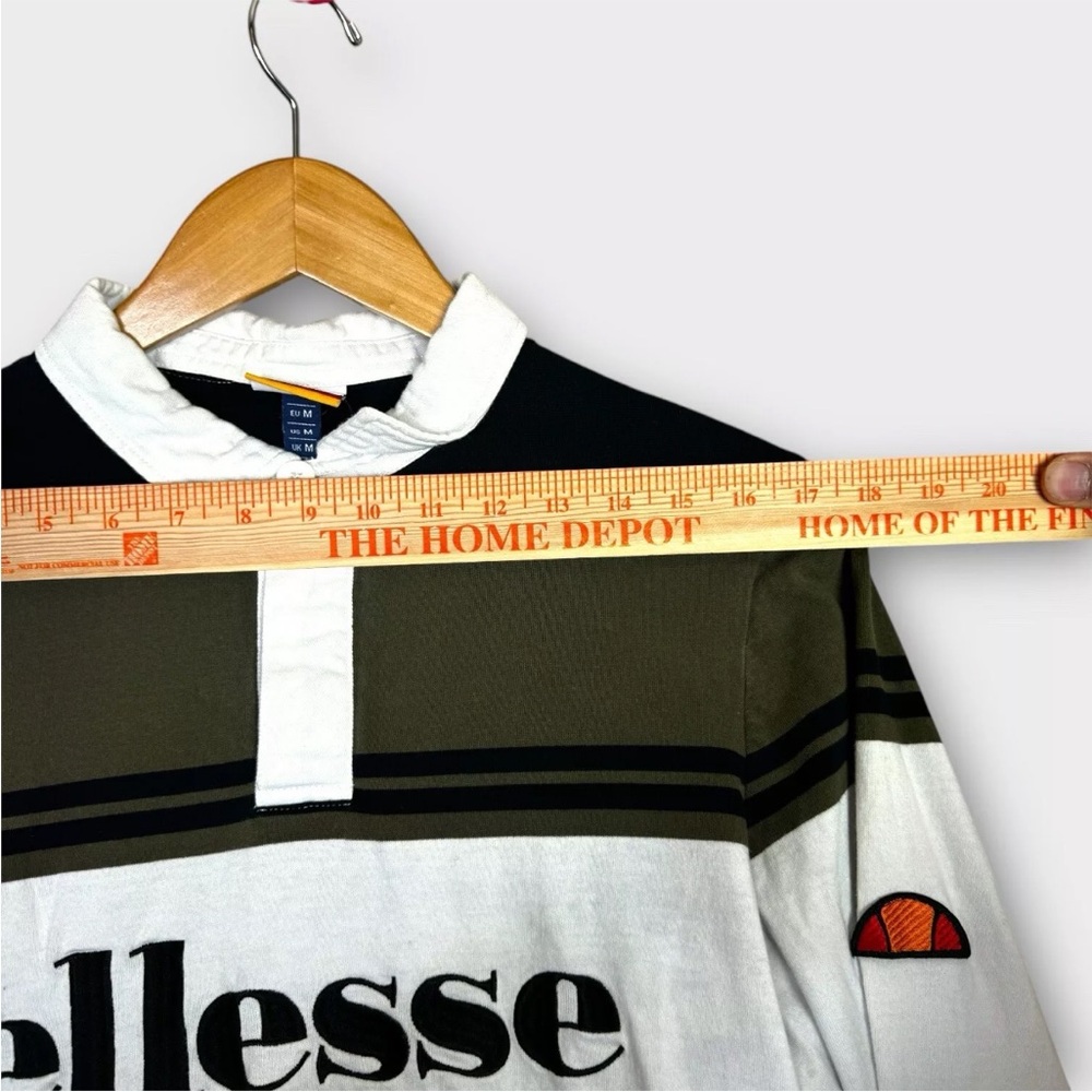 Ellesse Long Sleeve Rugby Polo Shirt Mens Medium Green Blue Striped Sport Wear - Picture 9 of 12